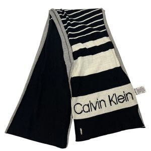 Knit Scarf Calvin Klein Logo Striped Black Gray Unisex Winter 9x82 Minimalist